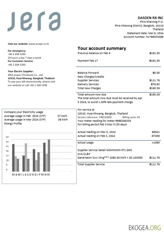 Modèle de facture de services publics de l'électricité JERA en Thaïlande aux formats Word et PDF